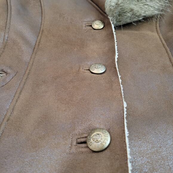 Guess Brown Faux Leather Knee Length Coat Faux Fur Collar Zip Pockets Small - Picture 4 of 13